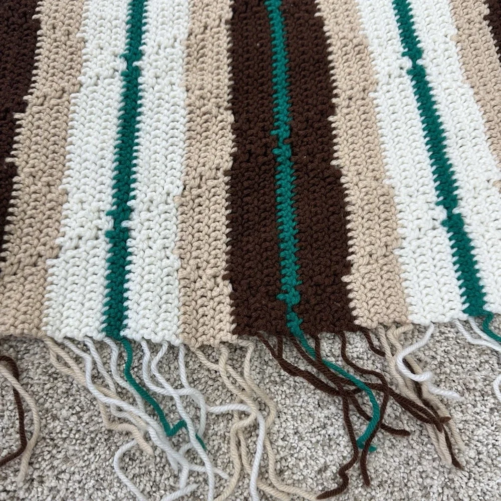 Handmade Afghan White Tan Green Brown Raised Diamond/Geometric Design Fringe 72